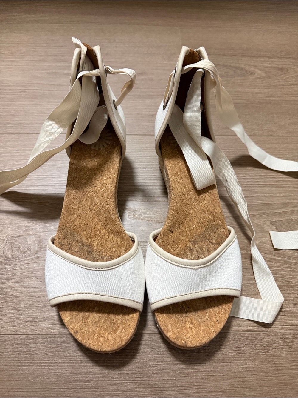UGG Amell White Canvas Cork Wedge Sandals with Ankle Ties